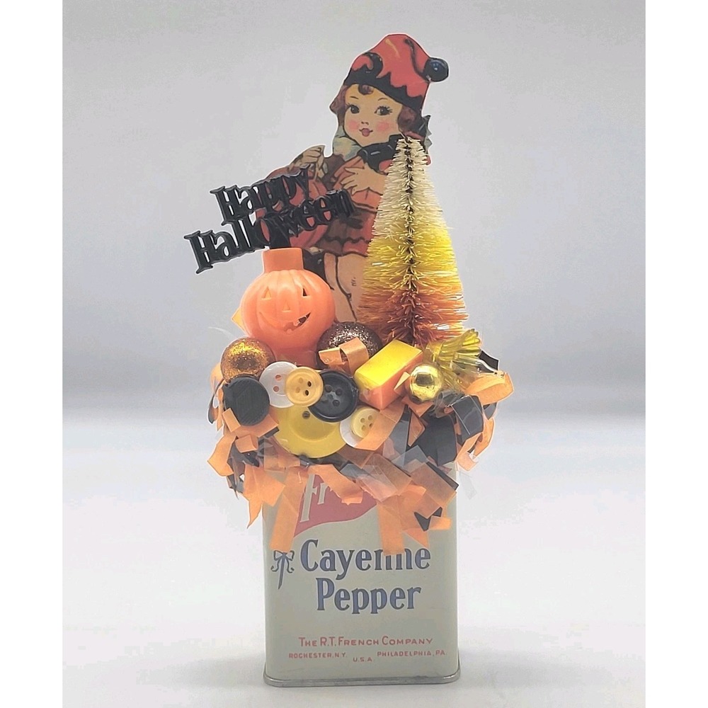 Vintage Halloween Assemblage Art French's Cayenne Pepper Tin Witch 7.5" Tall